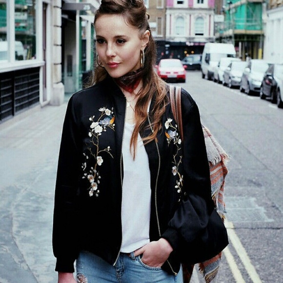 Zara | Floral Embroidered Satin Bomber Jacket - Picture 5 of 13